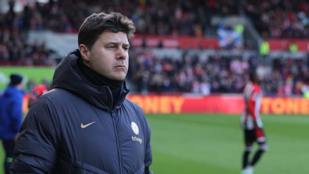 Chelsea manager Mauricio Pochettino pictured during his team's 2-2 draw at Brentford in March 2024